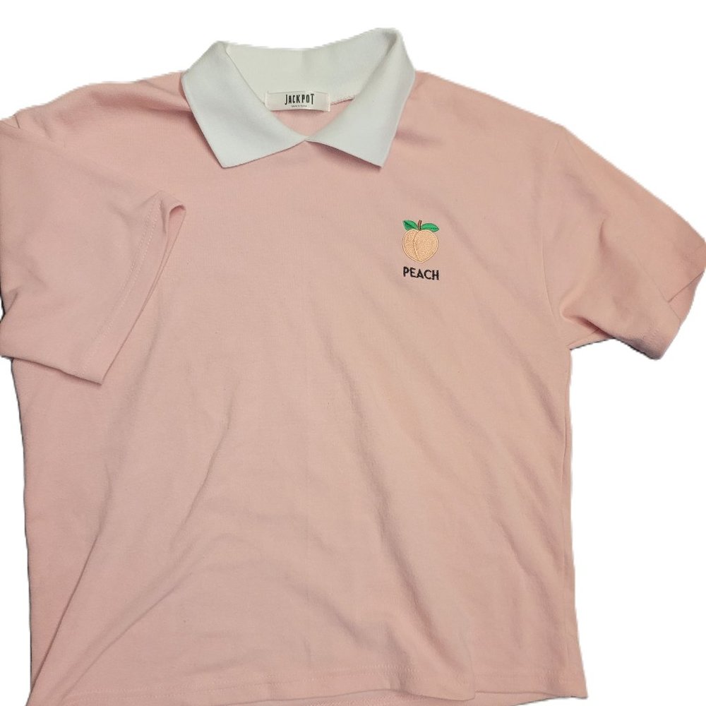 NEW MADE in KOREA soft peach embroidery turndown collar T-shirt pastel color